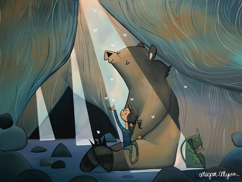 Framed - Bear and Hiker Girl in Skylight Cave by Megan Marie Myers
