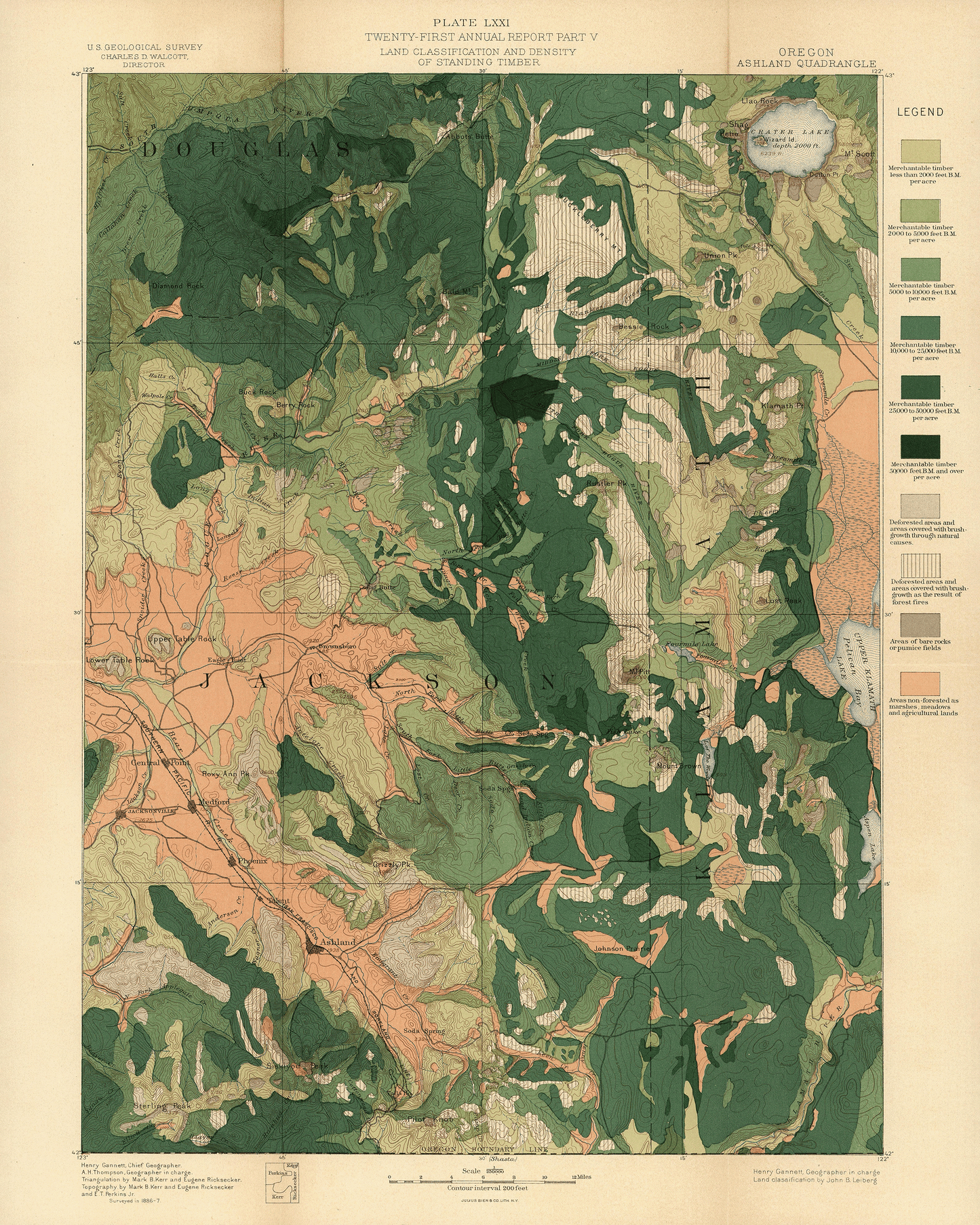 Crater Lake - 1886 Standing Timber Study Vintage Map