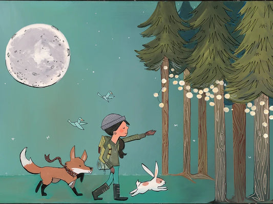 Forest Lights - Hiker girl and fox in moonlit forest #6 by Megan Marie Myers