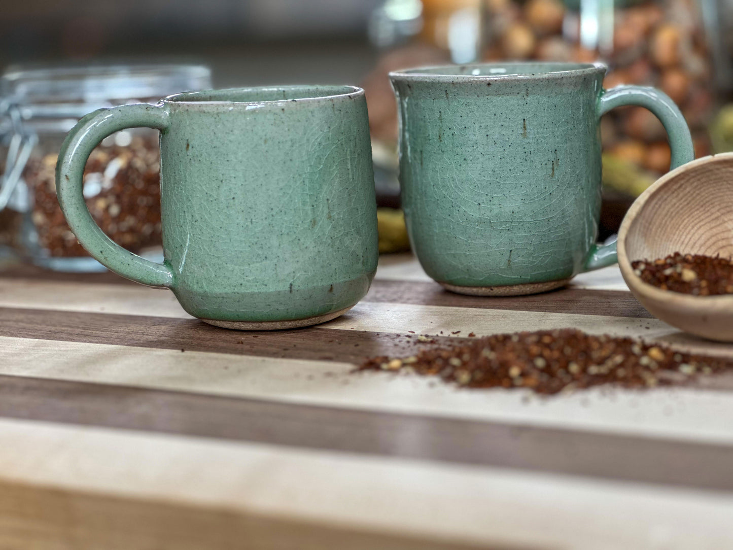 Writers Retreat / Green Celadon Mugs  by Novel Pottery