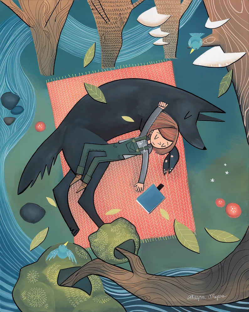 Red Blanket - Napping Wolf and Girl #74 by Megan Marie Myers