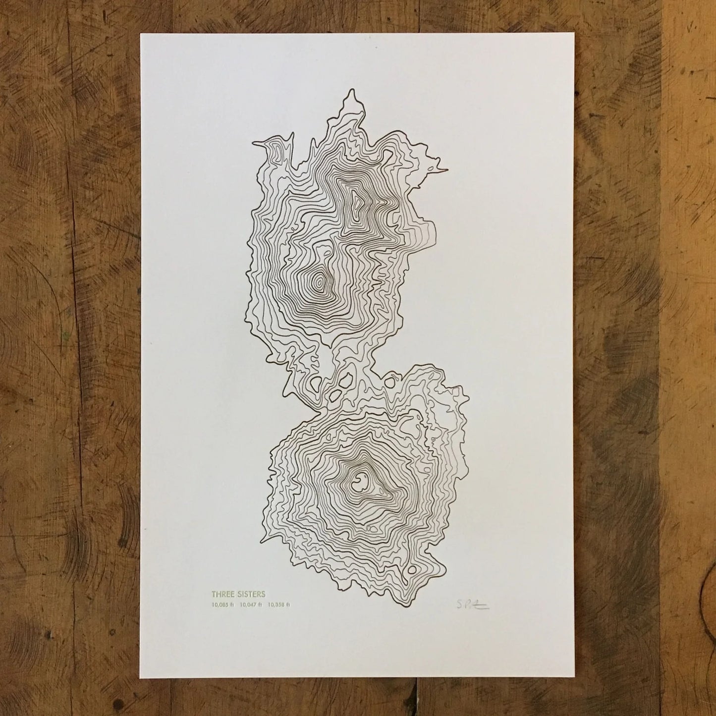 Three Sisters Topographic Map Letterpress Print by Green Bird Press