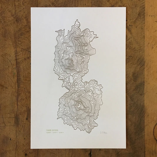 Three Sisters Topographic Map Letterpress Print by Green Bird Press