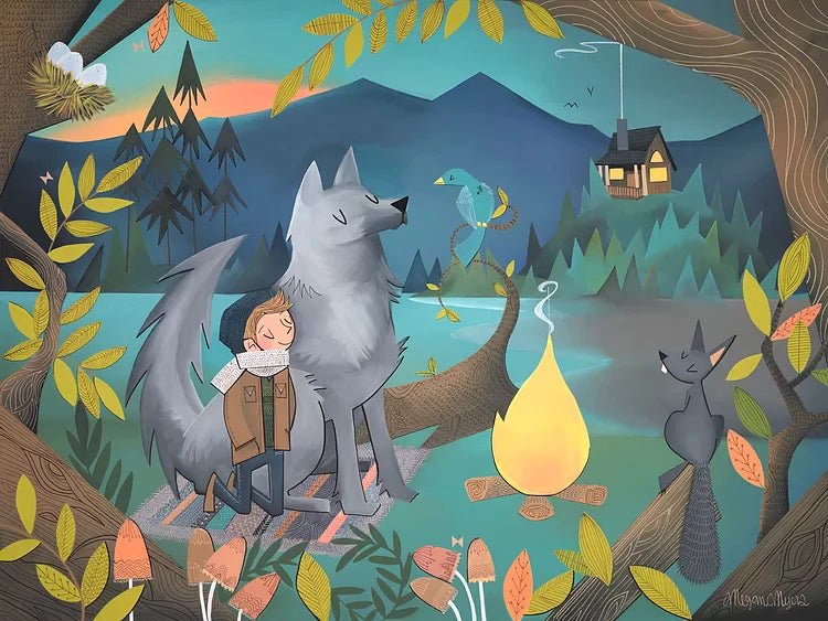 Bluebird Wolf and Adventure Boy at Campfire #59 by Megan Marie Myers