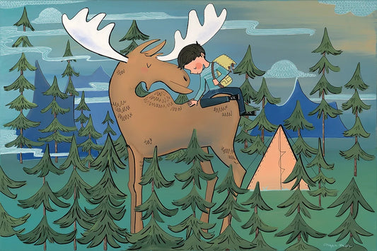 Camping Boy and Friendly Moose in the Forest #9 by Megan Marie Myers