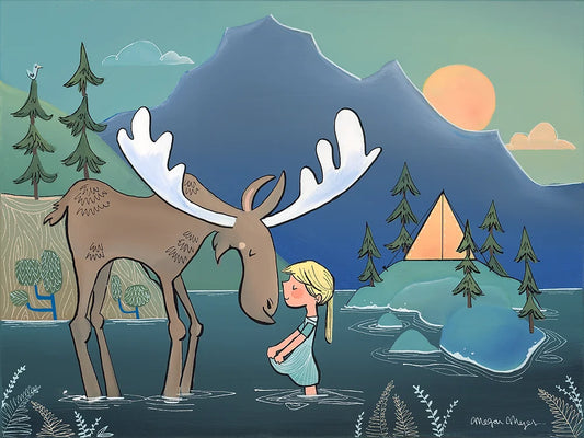 Camping girl and friendly moose with mountain sunrise #10 by Megan Marie Myers