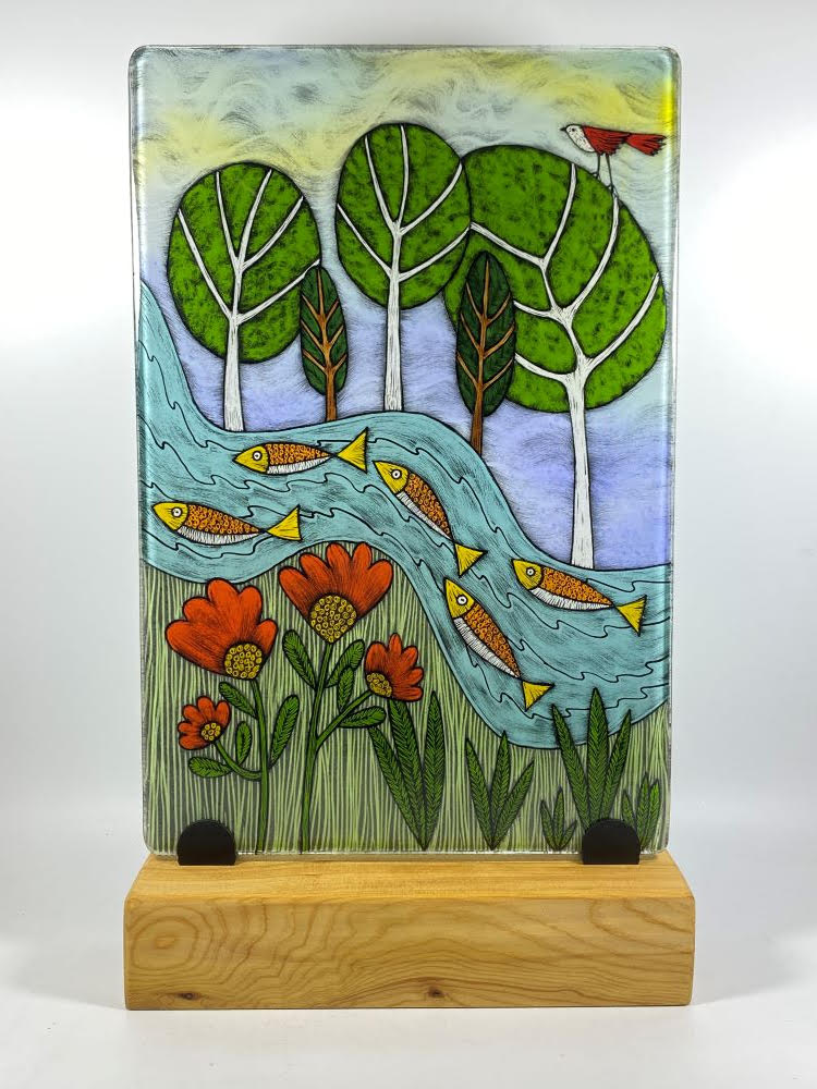 8x12 Tile with Wood Stand by Silly Dog Art Glass